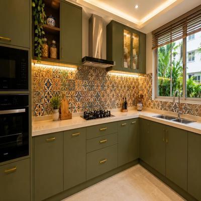 Modern Multi Coloured Moroccan Kitchen Tiles Design With Olive Green Cabinets