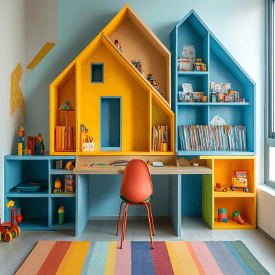 Modern Multicoloured Study Room Design With Home-Shaped Aesthetic