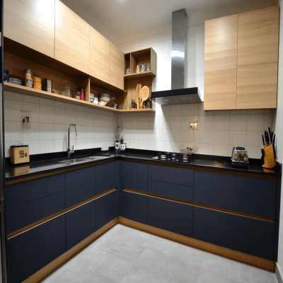 Modern Navy Blue L-Shaped Kitchen Design with Granite Top and LED Lighting