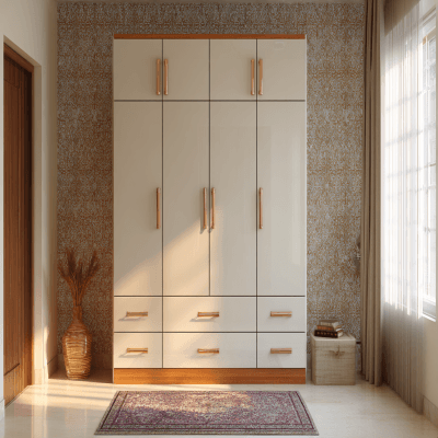 Modern Off White 4-Door Swing Wardrobe Design with Drawers
