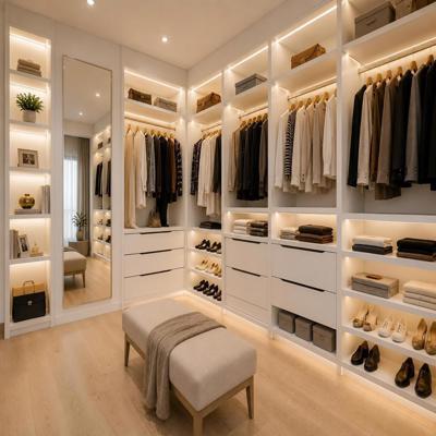 Modern Off White L shaped Open Walk In Wardrobe Design