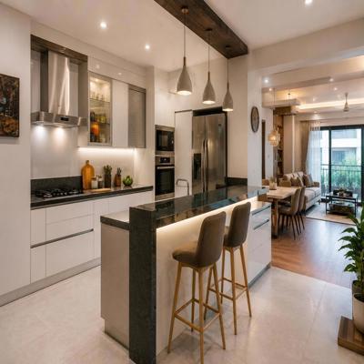 Modern Open Kitchen Design with Granite Countertop and Breakfast Counter