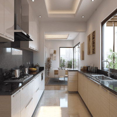 Modern Open Kitchen Design with Granite Countertop and Exhaust Hood