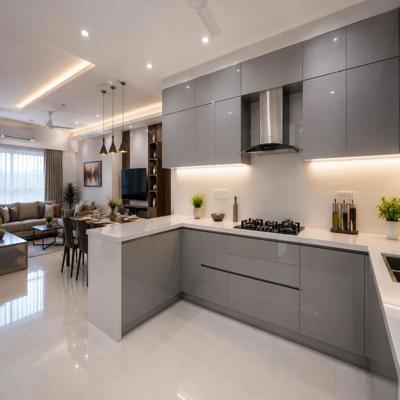 Modern Open Kitchen Design with Grey High Gloss Cabinets