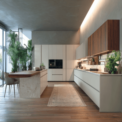 Modern Open Kitchen Design with Handle-less Drawers and Tall Units