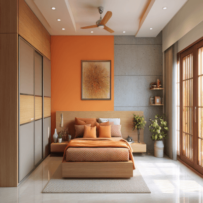 Modern Orange Master Bedroom Design With Tri-Toned Accent Wall And 3-Door Sliding Wardrobe