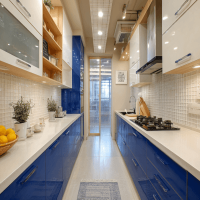 Modern Parallel Kitchen Design in Blue and White with Grid Glass Doors