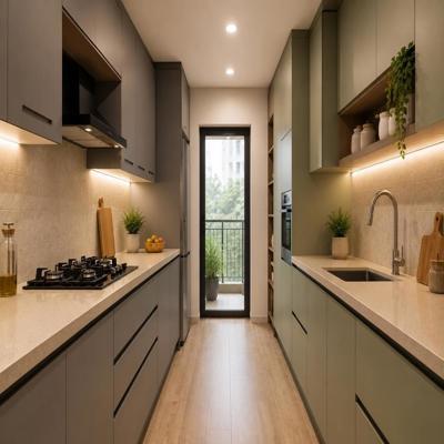 Modern Parallel Kitchen Design with Elegant Grey and Plankton Cabinets