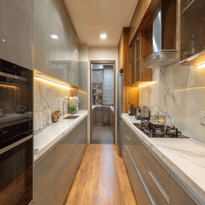 Modern Parallel Kitchen Design with Glass Cabinets and LED Accents