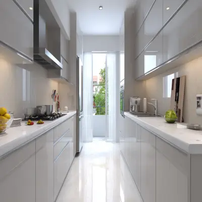 Modern Parallel Kitchen Design with High-Gloss Silver Frost Cabinets