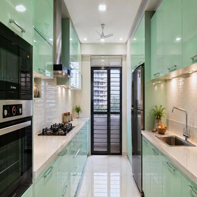 Modern Parallel Kitchen Design With Mint Green Cabinets