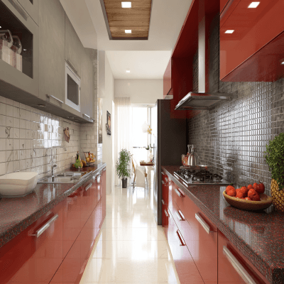 Modern Parallel Kitchen Design with Red Granite Countertop
