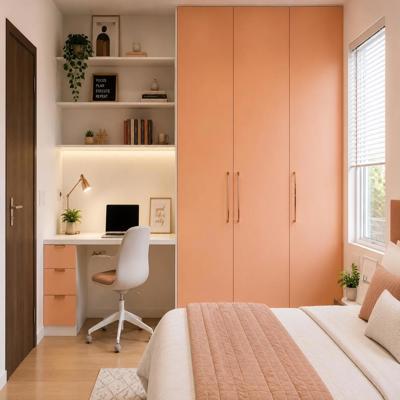 Modern Peach Wardrobe Design With Study Table