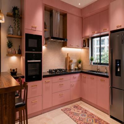Modern Pink And Black Modular L Shape Kitchen Design With Wooden Breakfast Counter
