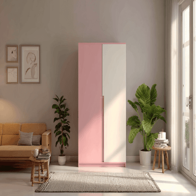 Modern Pink and Off-White 2-Door Swing Wardrobe Design in Suede Finish
