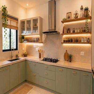 Modern Pista Green And Beige Modular Indian Kitchen Design