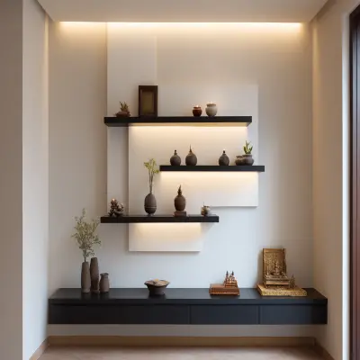 Modern Pooja Room Design With Black Carcass And White Open Ledges
