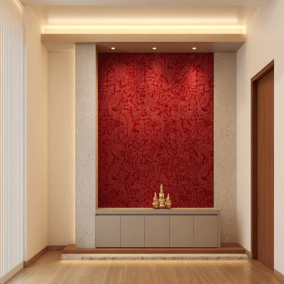 Modern Pooja Room Design With Red Ornamental Wallpaper