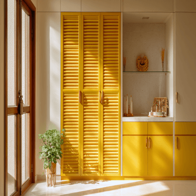 Modern Pooja Room Design With Vibrant Yellow Shutters