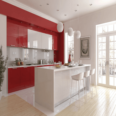 Modern Red and White Wall Colour Combination for Kitchen with Glossy Cabinets and Breakfast Counter