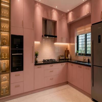 Modern Rose L Shaped Kitchen Design with Full Height Cabinets And Granite Counter