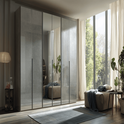 Modern Silver 4-Door Swing Wardrobe Design with Full-Length Mirror