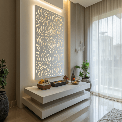 Modern Silver Frost And White Pooja Room Design With White CNC-Cut Back Panel