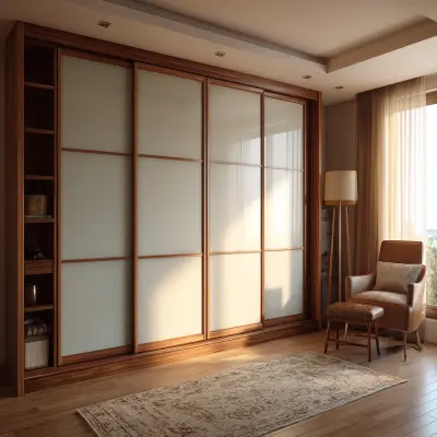Modern Sliding Wardrobe Design with Frosted Glass Panels and Wood Finish