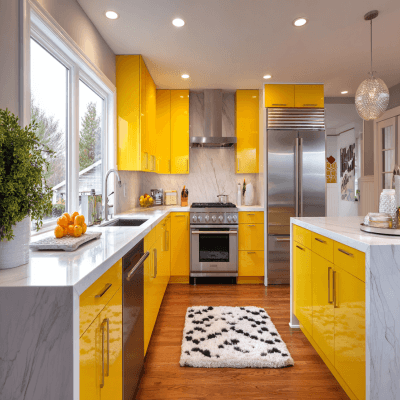 Modern Solar Yellow L-Shaped Kitchen Design with Quartz Countertop
