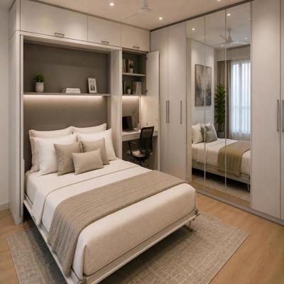 Modern Space Saving Design For Master Bedroom With Murphy Bed And 4 Door Mirrored Swing Wardrobe