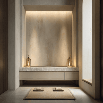 Modern Spacious Pooja Room Design With Beige Textured Wall