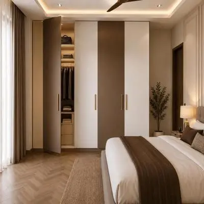 Modern Spacious Wardrobe Design With Brown And White Laminates