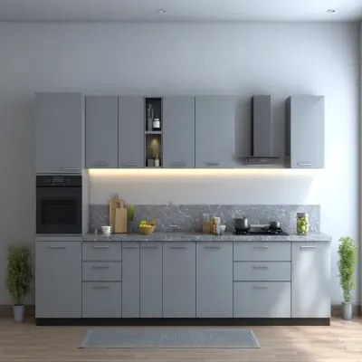 Modern Straight Kitchen Design With Matte Cabinets and Grey Granite Top