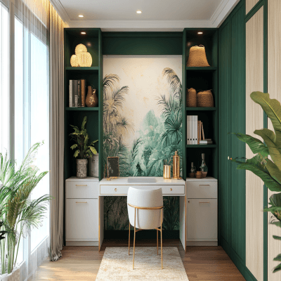 Modern Study Room Design With Emerald Green Wallpaper