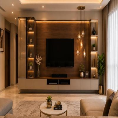 Modern Style Spacious TV Unit Design With Hanging Light