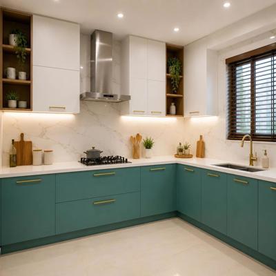 Modern Teal And White Modular L Shape Kitchen Design With Marble Kitchen Backsplash