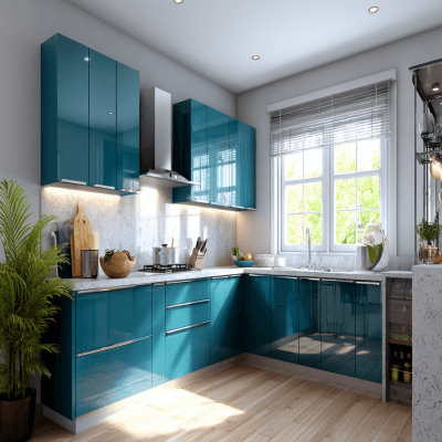 Modern Teal Blue L-Shaped Kitchen Design with Glossy Cabinets