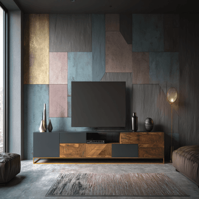 Modern Tri-Colour TV Unit Design with Metallic and Wooden Frame