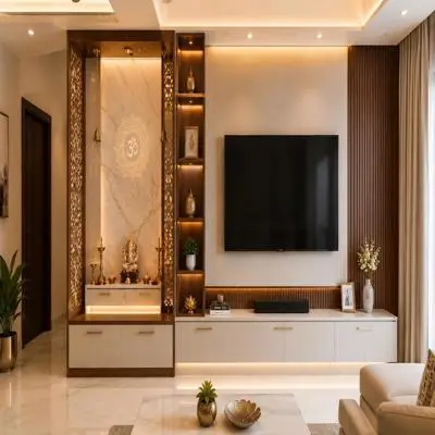 Modern TV Unit Design With Integrated Pooja Unit