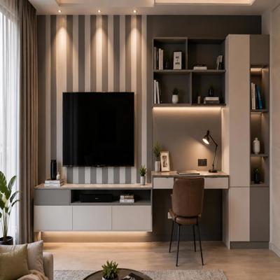 Modern TV Unit Design With Striped Wall And Study Table