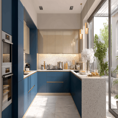 Modern U-Shaped Kitchen Design in Celestial Blue and Champagne