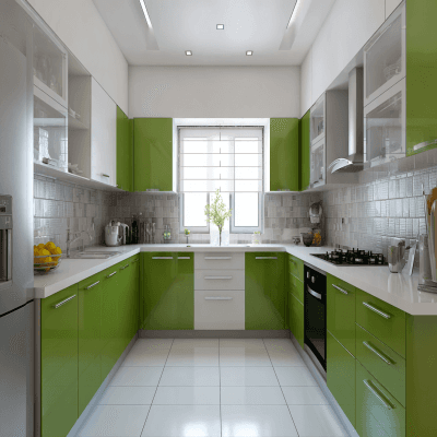 Modern U-Shaped Kitchen Design in Green and White High-Gloss Finish