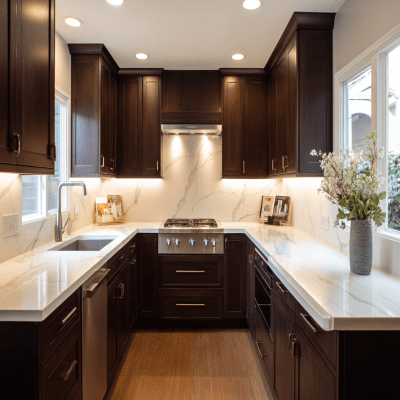 Modern U-Shaped Kitchen Design in Matte Walnut Suede Finish with Quartz Countertops