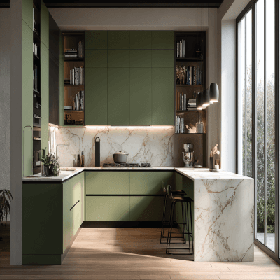 Modern U-Shaped Kitchen Design in Mentolo Green With Quartz Countertop