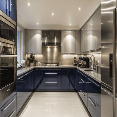 Modern U-Shaped Kitchen Design in Metallic Blue and Smoke Grey