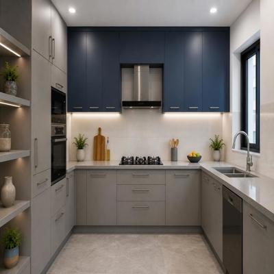 Modern U Shaped Kitchen Design With Blue And Grey Cabinets