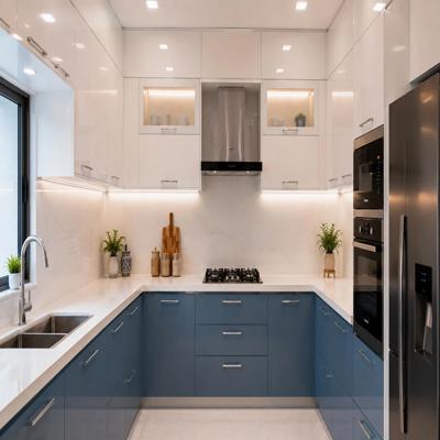 Modern U Shaped Kitchen Design With Blue And White Cabinets