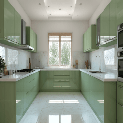 Modern U-Shaped Kitchen Design with Glossy Green Cabinetry