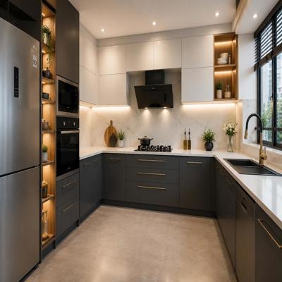 Modern U Shaped Kitchen Design with Grey and Frosty White Cabinets