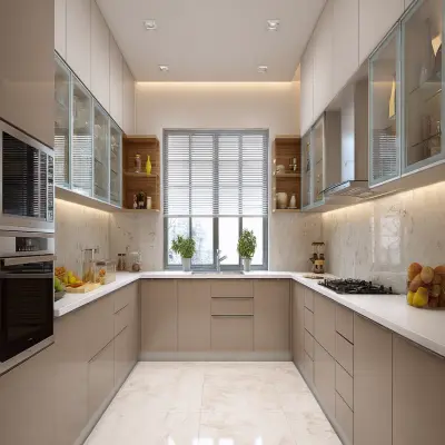 Modern U Shaped Kitchen Design with Quartz Counter and Glass Cabinets